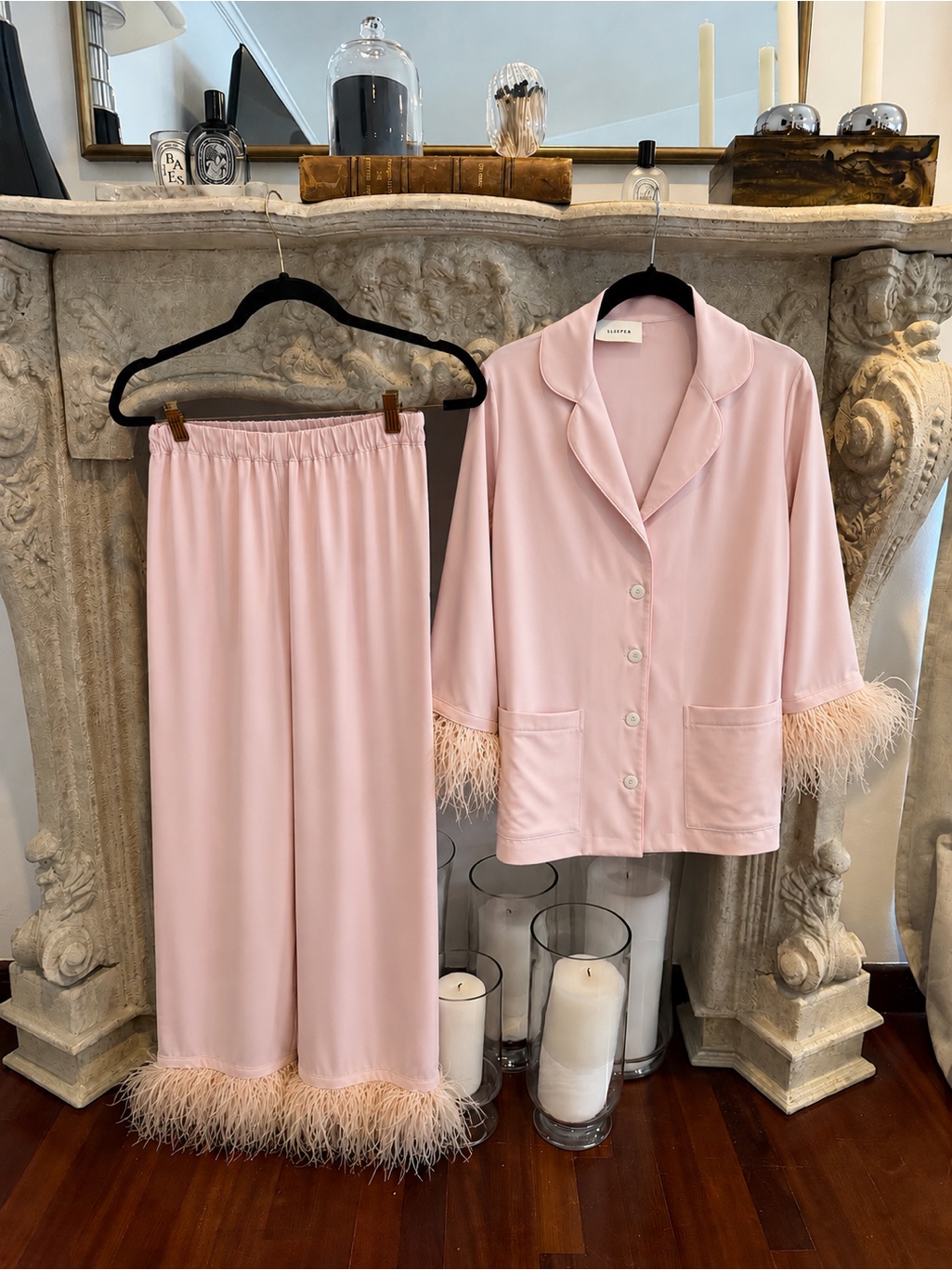 Sleeper Pink Feather-Trim Satin Pajama Set